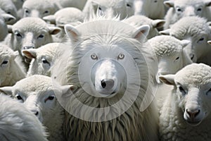 One white wolf among a flock of white sheeps. Wolf pretending to be a sheep concept. Generative AI