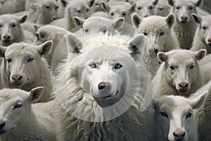 One white wolf among a flock of white sheeps. Wolf pretending to be a sheep concept. Generative AI