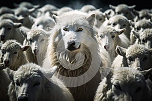 One white wolf among a flock of white sheeps. Wolf pretending to be a sheep concept. Generative AI