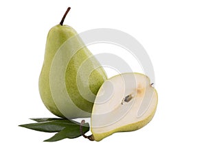 One whole and half of green pear. Isolated on white. Close-up.