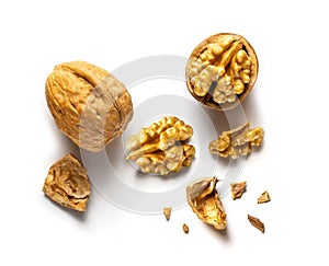 one whole and one open walnut isolated white background