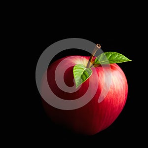 one whole red apple with leaves and stem