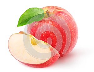 One whole red apple and a piece isolated on white