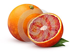 One whole red blood oranges and half isolated on white background