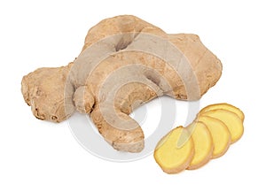 One whole and slices of ginger (isolated)