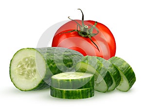 One whole tomato and cucumber slices on white background.