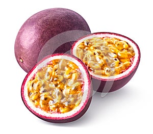 One whole and two halves of fresh passion fruit on white background