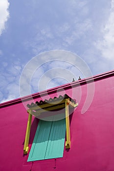 One window on a pink wall.