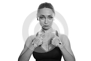 one woman exercising fitness smiling portrait in silhouette on white background