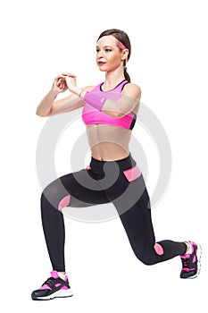 One woman exercising workout fitness aerobic exercise abdominal push ups posture on studio isolated white background.