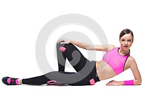 One woman exercising workout fitness aerobic exercise abdominal push ups posture on studio isolated white background.