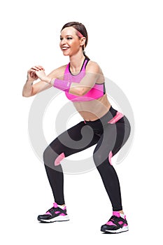 One woman exercising workout fitness aerobic exercise abdominal push ups posture on studio isolated white background.