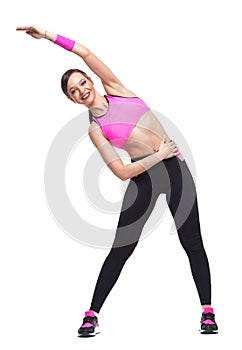 One woman exercising workout fitness aerobic exercise on studio isolated white background. stretching.