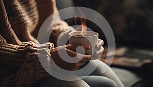 One woman holding coffee cup, enjoying cozy winter relaxation generated by AI