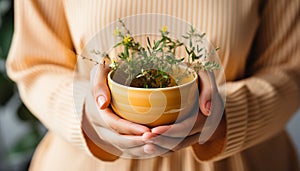 One woman holding a fresh yellow flower pot outdoors generated by AI