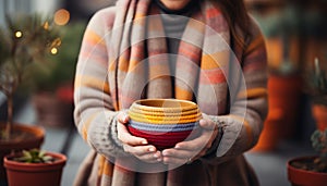 One woman holding a pottery mug, smiling, enjoying hot tea generated by AI