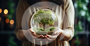 one woman holds a green planet in her hand,