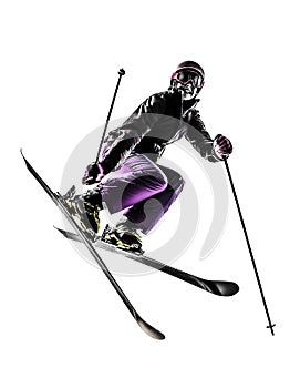 One woman skier freestyler jumping silhouette