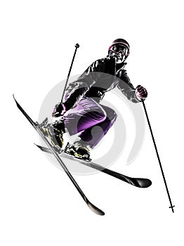 One woman skier freestyler jumping silhouette photo