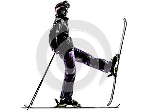 One woman skier resting silhouette