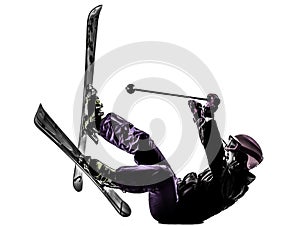 One woman skier skiing falling silhouette