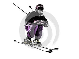 One woman skier skiing jumping silhouette