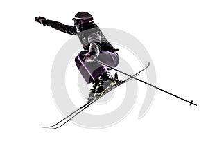 One woman skier skiing jumping silhouette