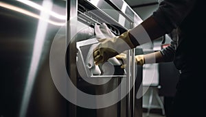 One woman working in a domestic kitchen, cleaning stainless steel generated by AI