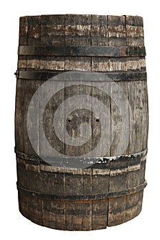 One wooden barrel with metal hoops isolated on white