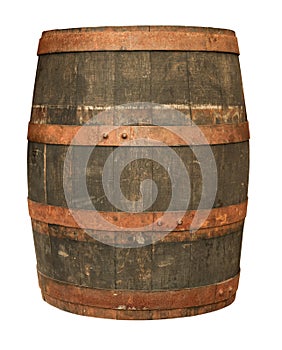 One wooden barrel with metal hoops isolated on white