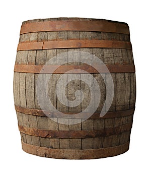 One wooden barrel with metal hoops isolated on white