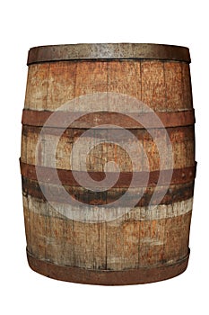 One wooden barrel with metal hoops isolated on white