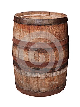 One wooden barrel with metal hoops isolated on white