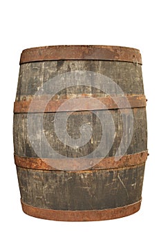 One wooden barrel with metal hoops isolated on white