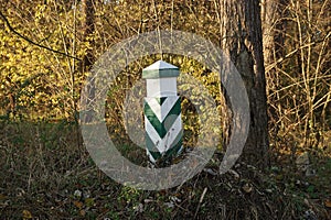 one wooden landmark stand in green grass