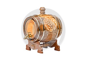 one wooden wine storage barrel on a white insulated background