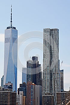 One World Trade Center 8 Spruce Street or Beekman Tower, Manhattan from Brooklyn Bridge, New York City, USA