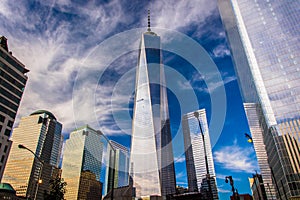 One World Trade Center and other skyscrapers in Lower Manhattan, New York.