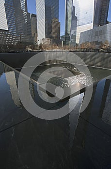 One World Trade Center (1WTC), Freedom Tower reflections and Footprint of WTC, National September 11 Memorial, New York City, New