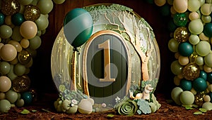 One Year in the Enchanted Forest Smash Cake Birthday Backdrop Background, Made with Generative AI