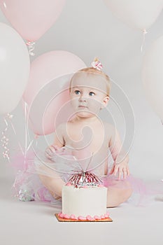 One Year Old Birthday Portraits With Smash Cake and Balloons