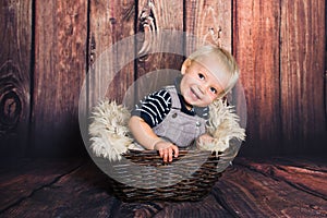 One year old blond baby boy sitting in basket and smiling  in front of wooden background in studio. Child studio photoshot with