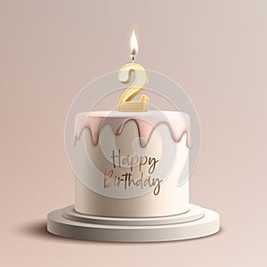 One Year. Vector Birthday Anniversary Sweet Cake. Greeting Card, Banner with 3d Realistic Burning Golden Birthday Party