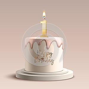 One Year. Vector Birthday Anniversary Sweet Cake. Greeting Card, Banner with 3d Realistic Burning Golden Birthday Party