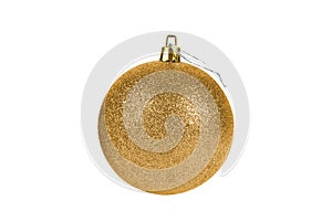 One yellow, golden glittered Christmas tree ball isolated on white background