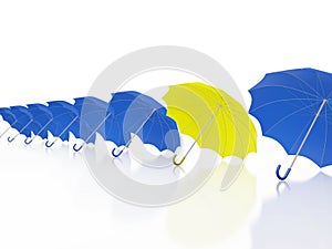 One Yellow Umbrella in Row of Blue Umbrellas