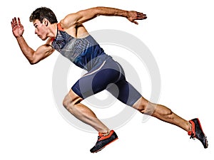 Young man athletics runner running sprinter sprinting isolated white background photo