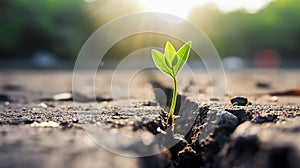 One young sprout breaks through the hard surface of the asphalt, symbolizing strength and determination. Life persistently breaks