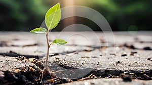 One young sprout breaks through the hard surface of the asphalt, symbolizing strength and determination. Life persistently breaks