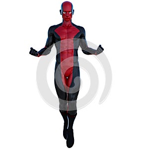 One young superhero man with muscles in red black super suit